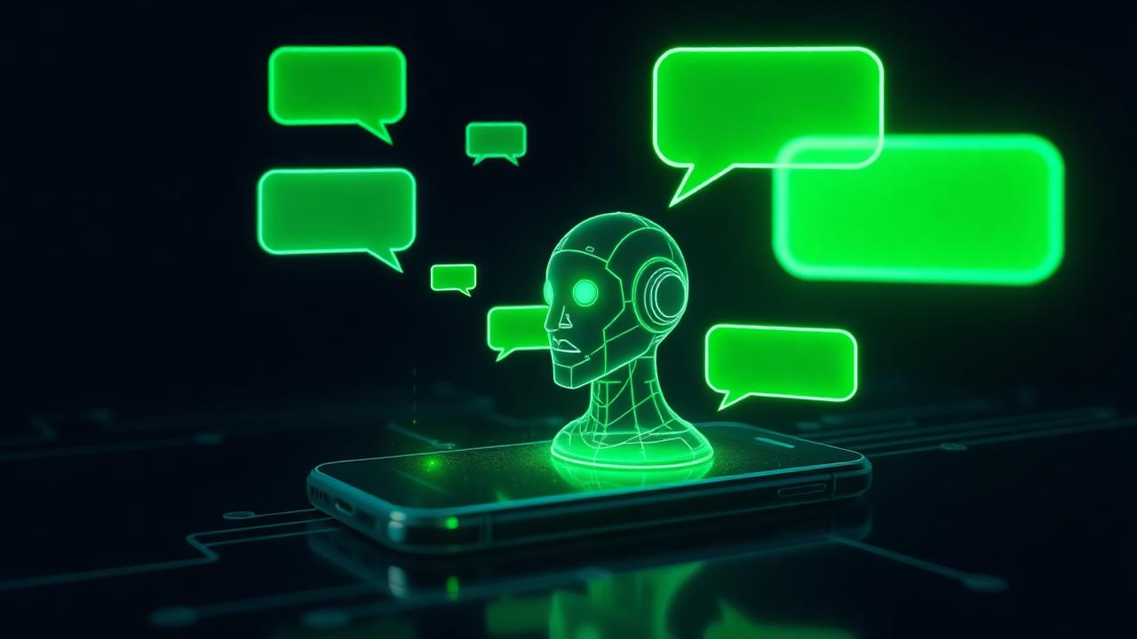 Assistente de IA sobre um celular com balões de conversa verdes