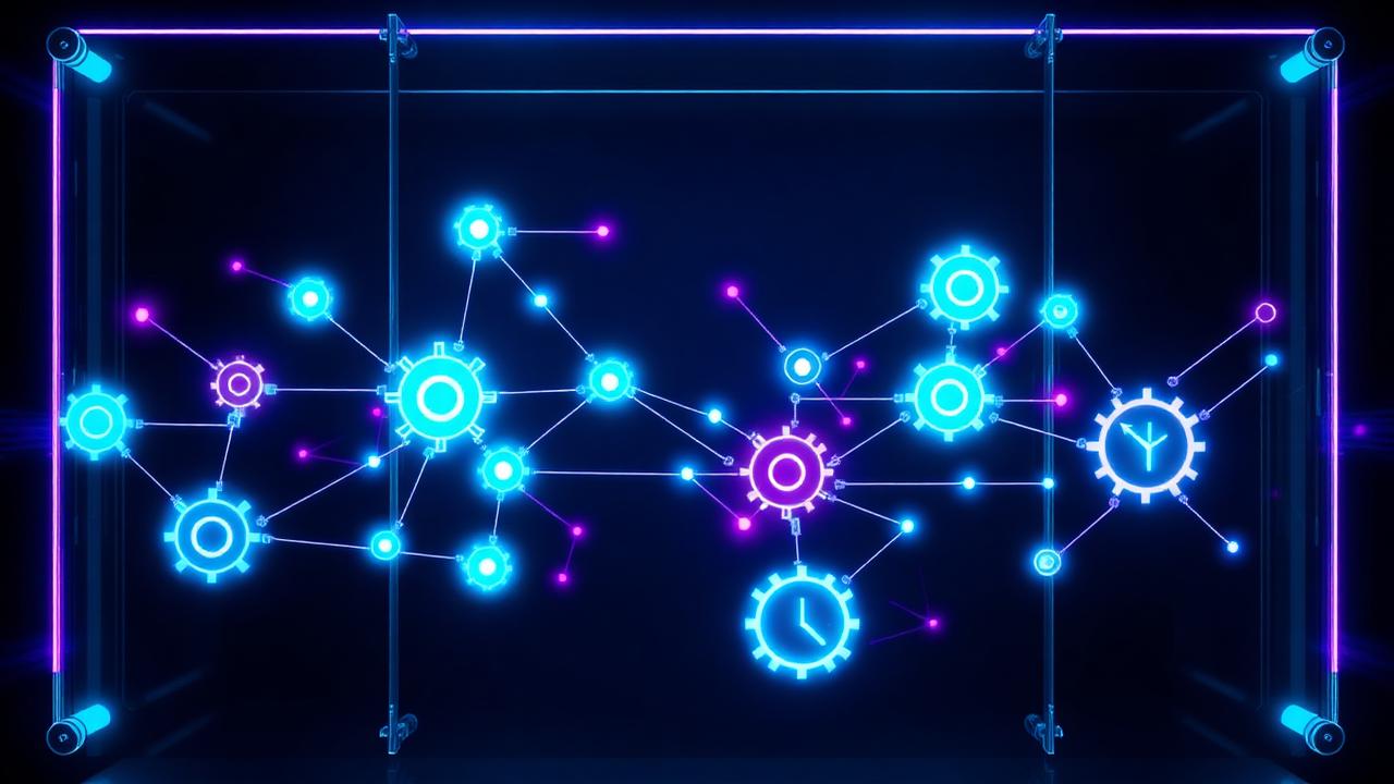 Fluxo de automação com engrenagens conectadas em neon