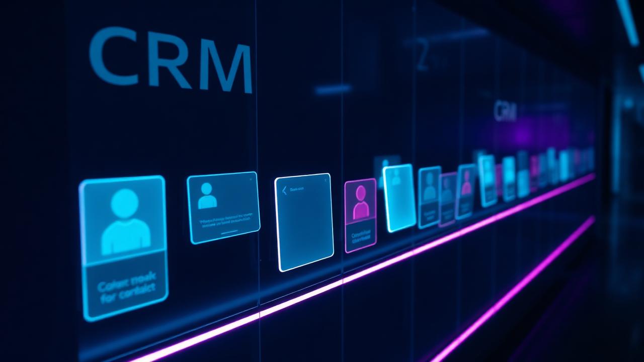 Funil de CRM com cartões de contatos em vidro