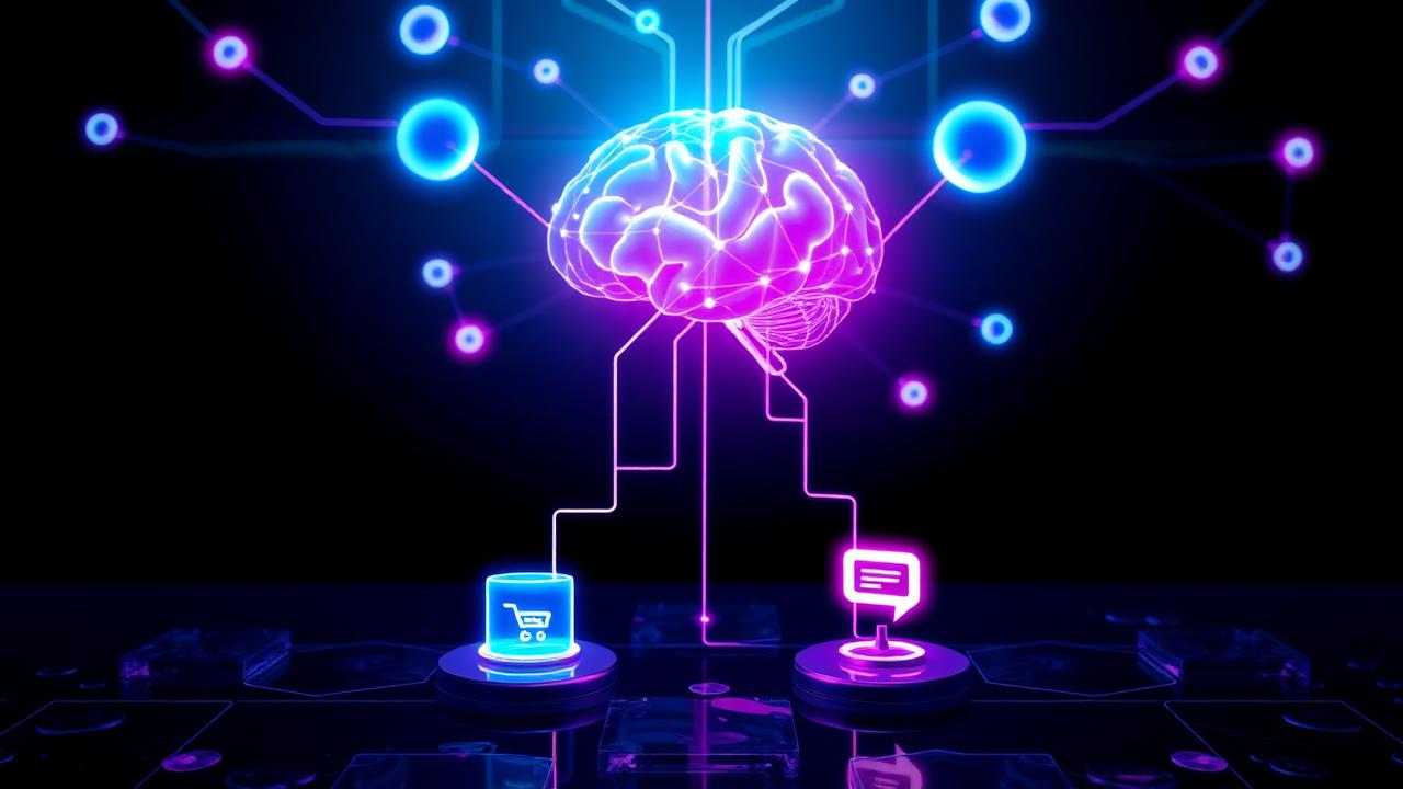 Cérebro de inteligência artificial conectado a ícones de negócios
