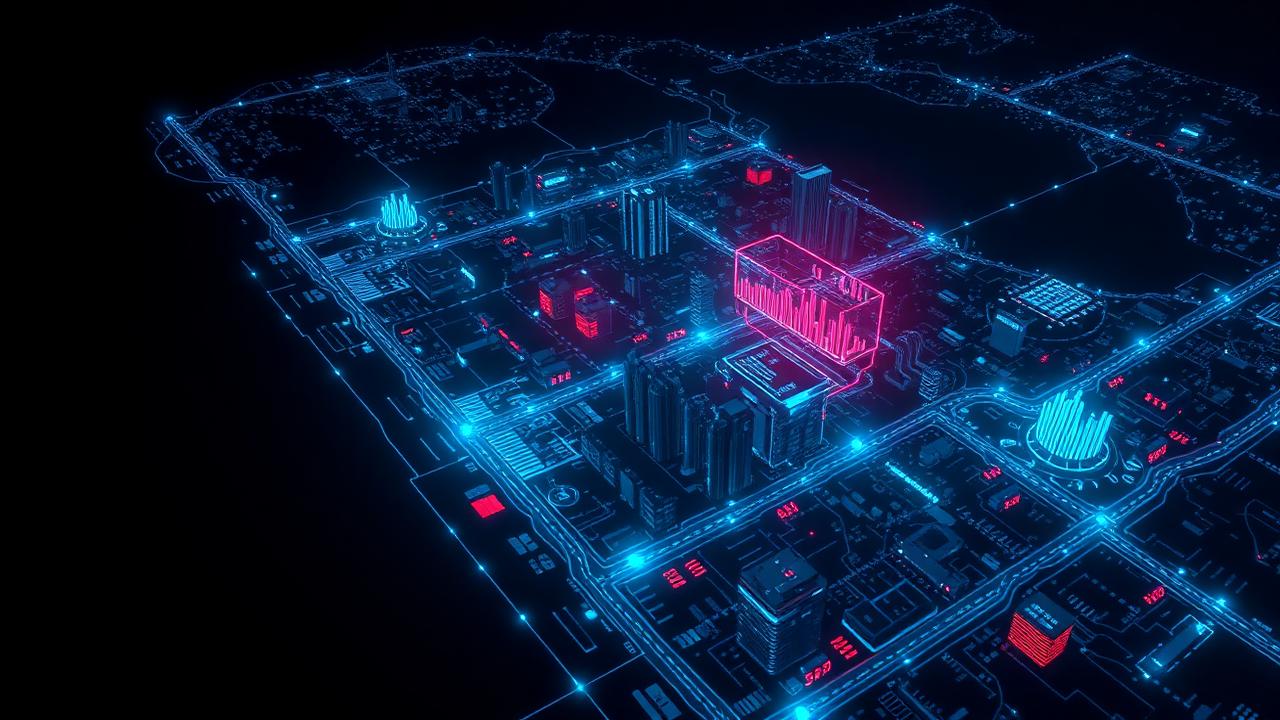 Mapa digital de uma cidade com linhas de dados em neon