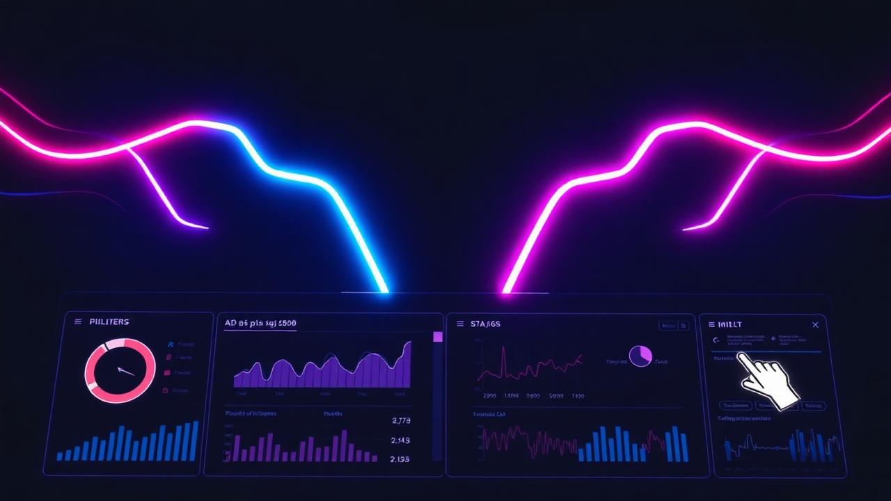 Dois caminhos de neon sobre um painel de métricas de anúncios